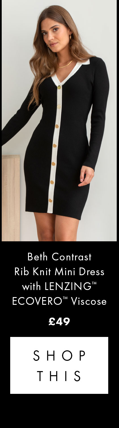 Beth Contrast Rib Knit Mini Dress with LENZING™ ECOVERO™ Viscose £49. SHOP THIS >