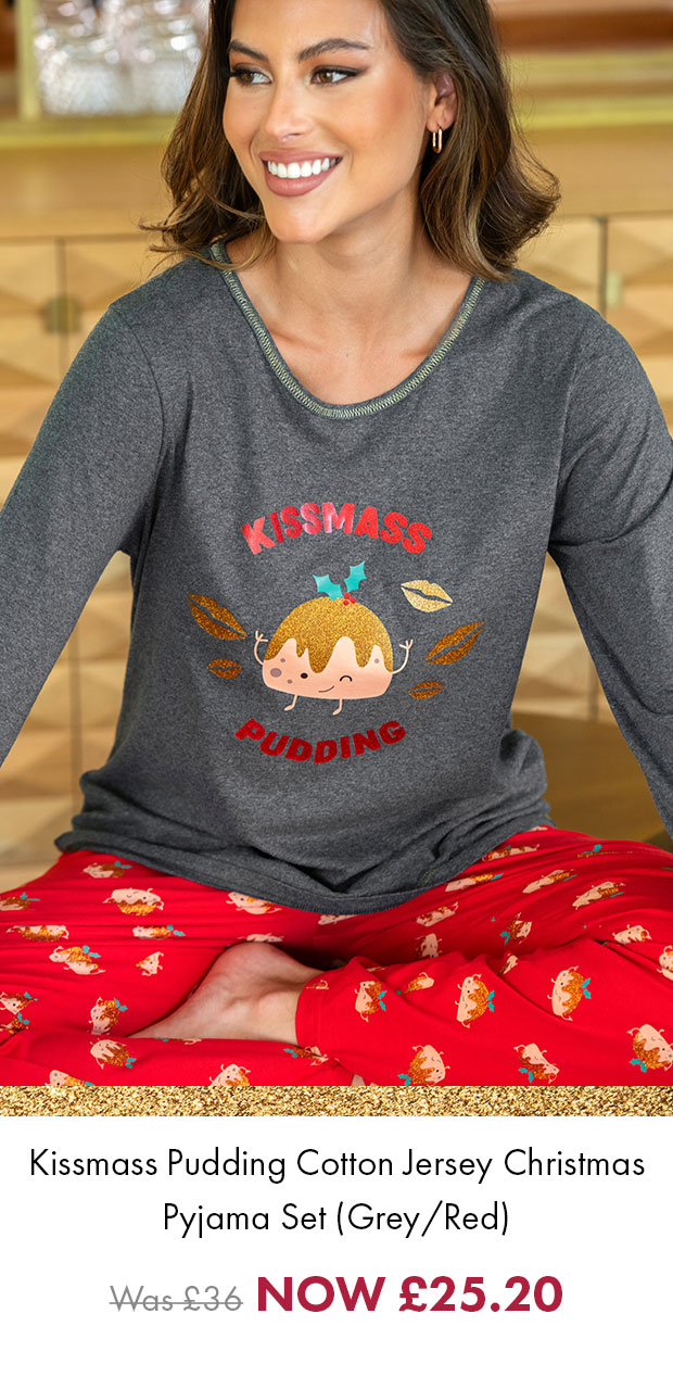 Kissmass Pudding Cotton Jersey Christmas Pyjama Set - Grey/Red NOW £25.20